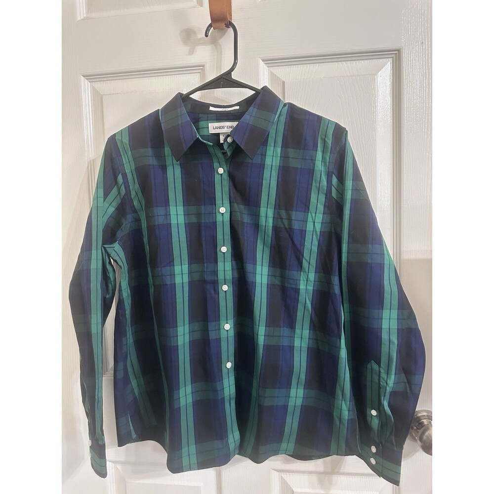 Preppy, Academia, Classic, Quality Lands End PL No Iron 100% Cotton Blue /Green